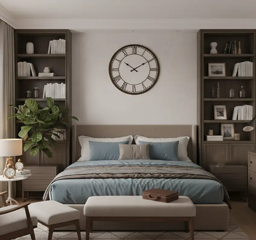 image featuring various bedroom timepieces, including a sophisticated Roman numeral clock