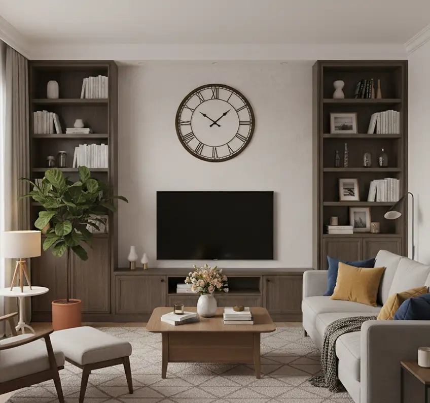 image of a living room with a focus on various considerations including a stylish Roman numeral clock.