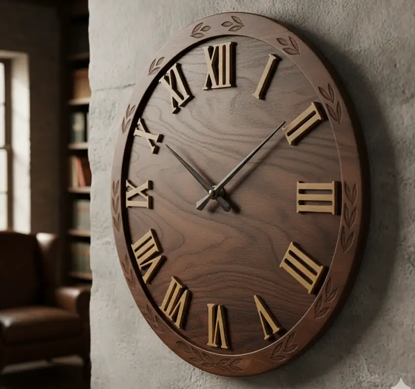 image showcasing a beautiful wooden Roman numeral clock