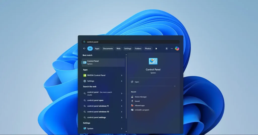 Access Control Panel by typing 'control panel' in the Windows search box