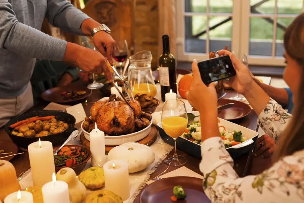 Celebration with foods on the table for Thanksgiving Day