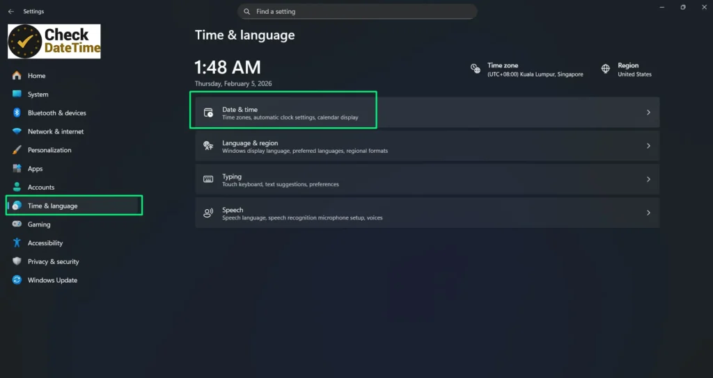 Go to Time & language and click Date & time.