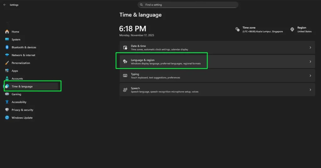 Go to Time & language and click Language & region.