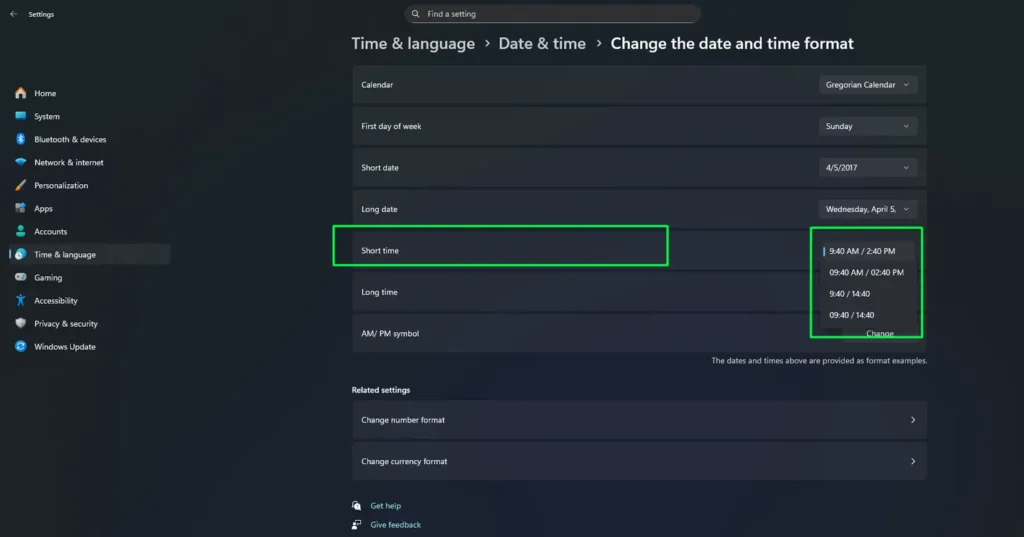 In the format options, locate Short time and choose a 24-hour option