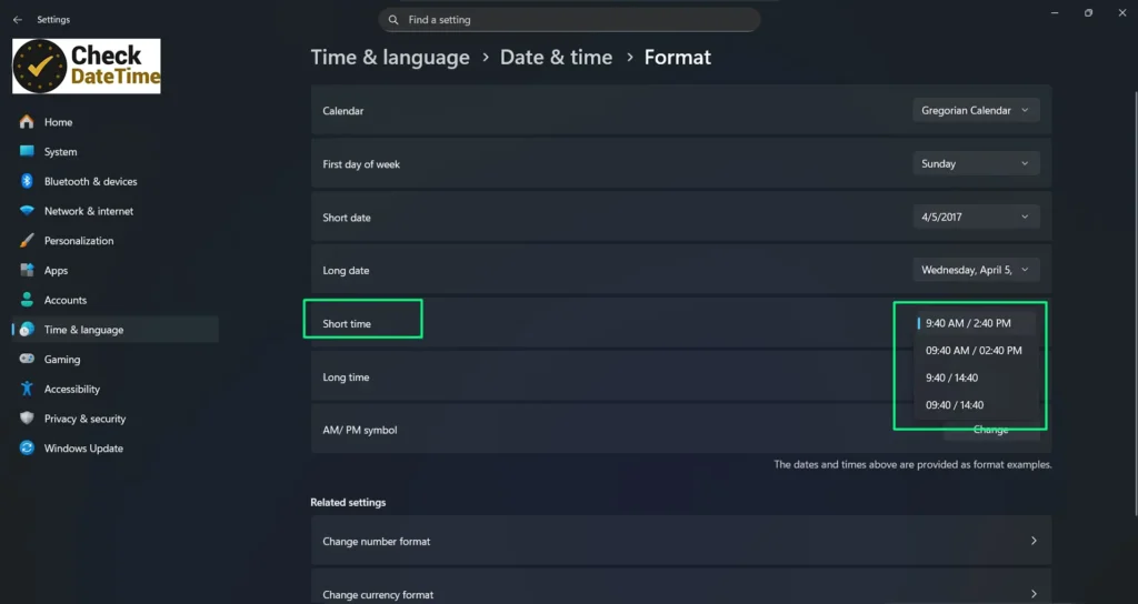 In the format options, locate Short time, then choose your preferred display style