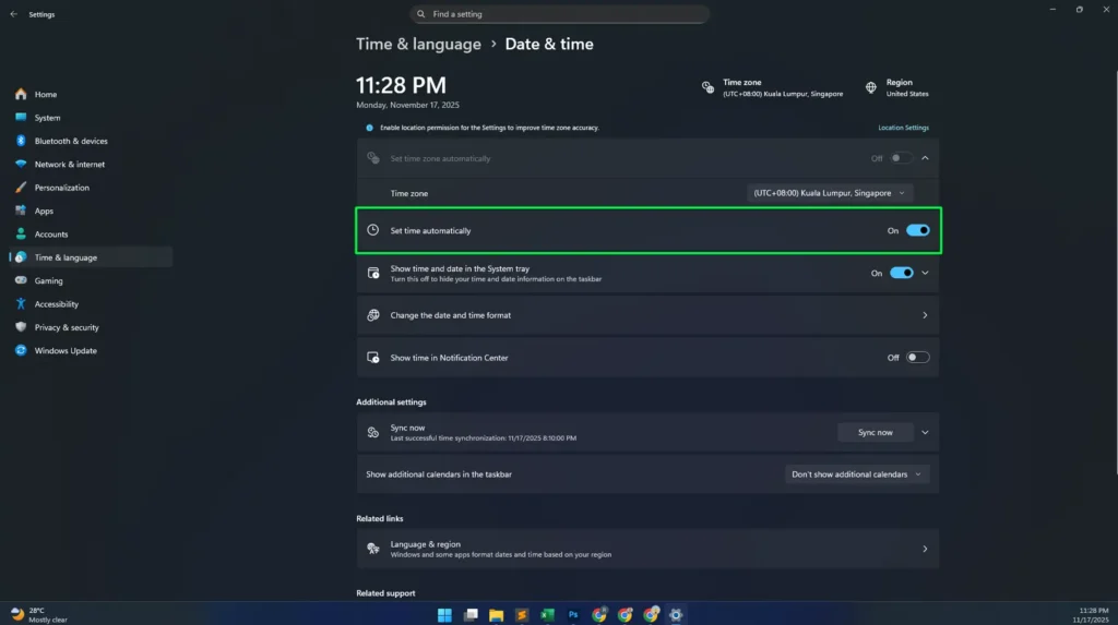 On the Date & time settings page, locate the 'Set time automatically' toggle switch.