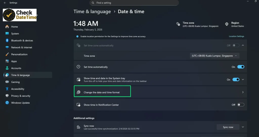 Select Change the date and time format.