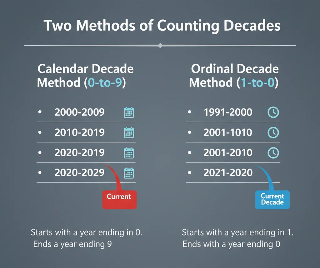 An infographic comparing the "Calendar Decade Method," which groups years from 0-to-9 (like 2020-2029), with the "Ordinal Decade Method," which groups years from 1-to-0 (like 2021-2030).