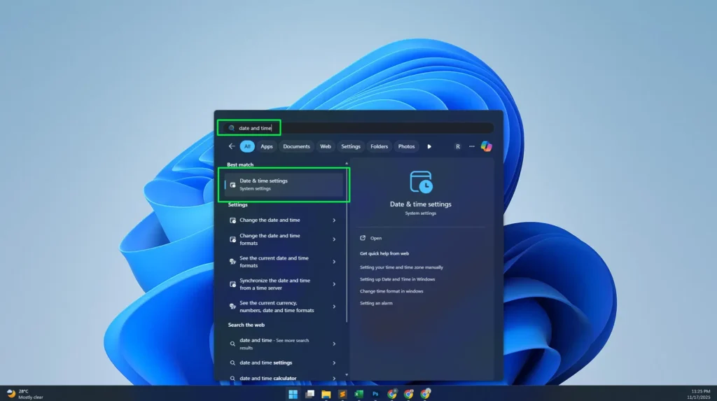 Type 'date and time' into the search bar, and select 'Date & time settings' from the results that appear