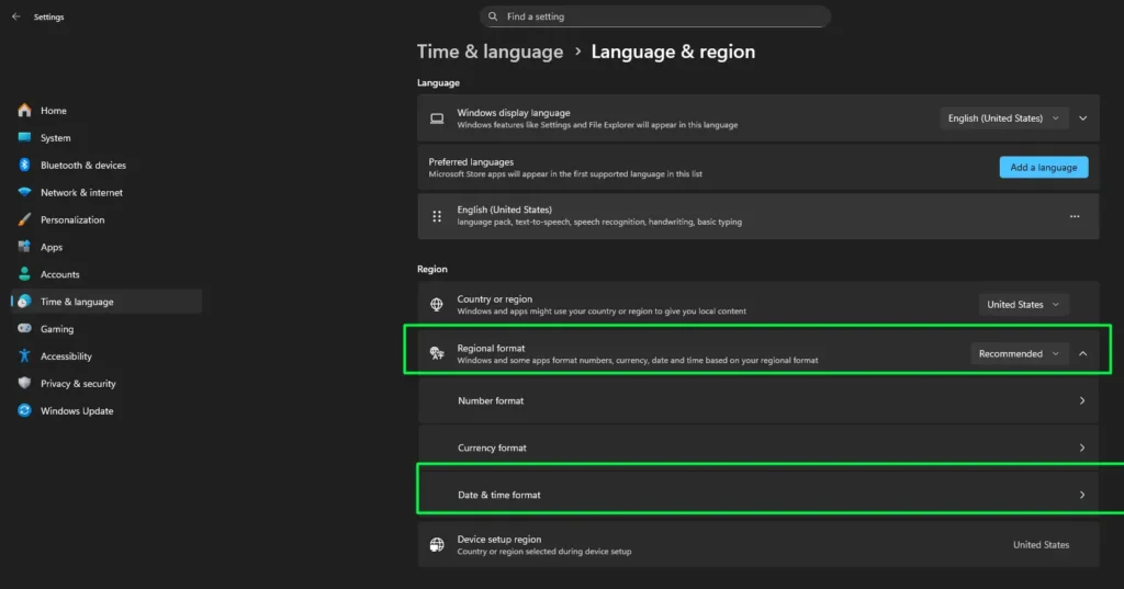 Under Regional format, select Date & time format.