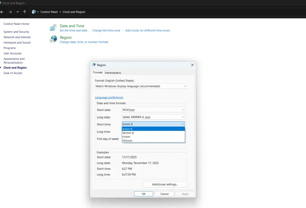 Use the dropdown menus to change formats, or click Additional Settings for advanced customization options.