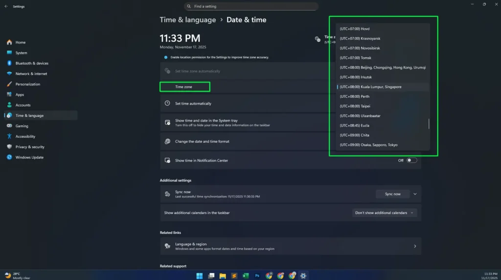 When automatic time zone detection is off, the 'Time zone' dropdown becomes active, letting you choose from the full list of available Windows time zones.
