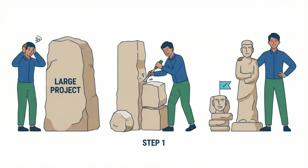 A three-panel illustration showing a man transforming a large, daunting rock project into a finished sculpture by breaking it down into smaller, manageable steps