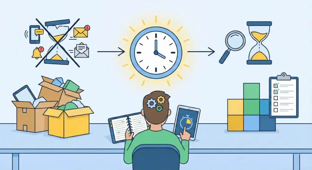 An illustration of a person at a desk using a planner and a digital timer to organize their tasks efficiently.