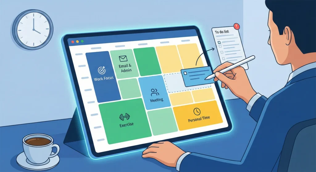 An illustration of a person using a tablet to schedule tasks from a to-do list into color-coded time blocks on a digital calendar