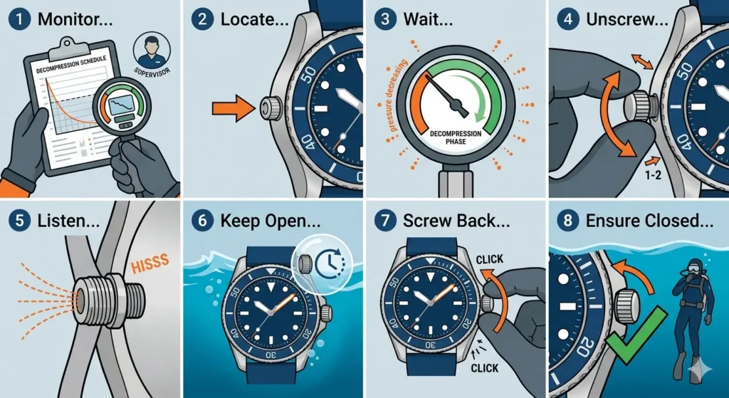 How to Use the Helium Escape Valve on a Dive Watch-Method 1_ Operating During Decompression
