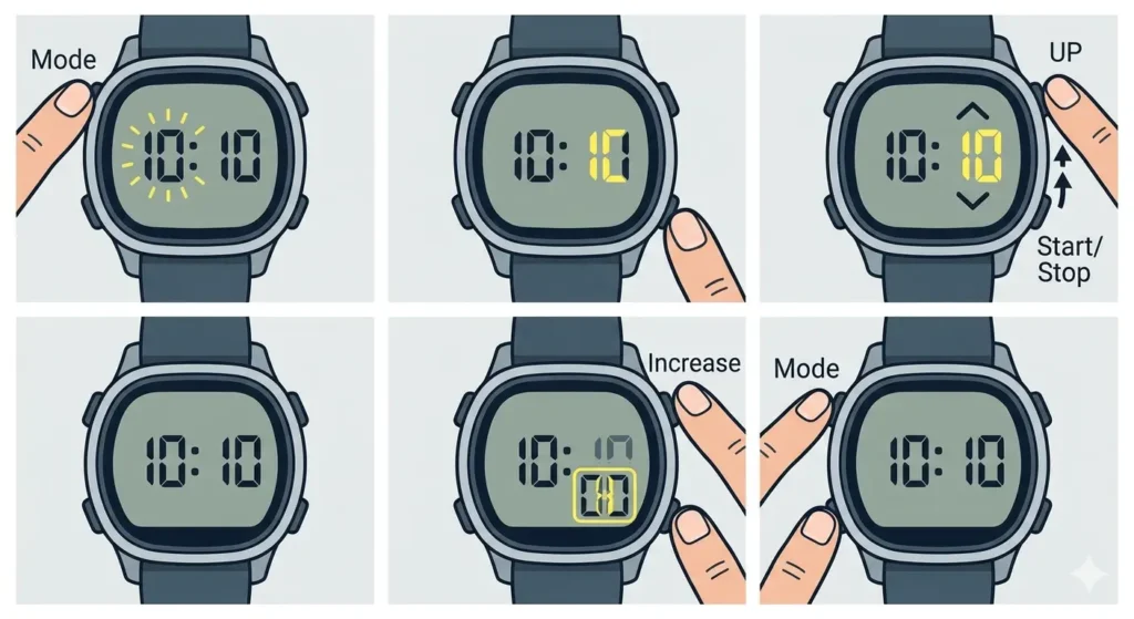 How to Set the Time on a Timex Indiglo Watch-Method 1_ Standard Four-Button Digital Models