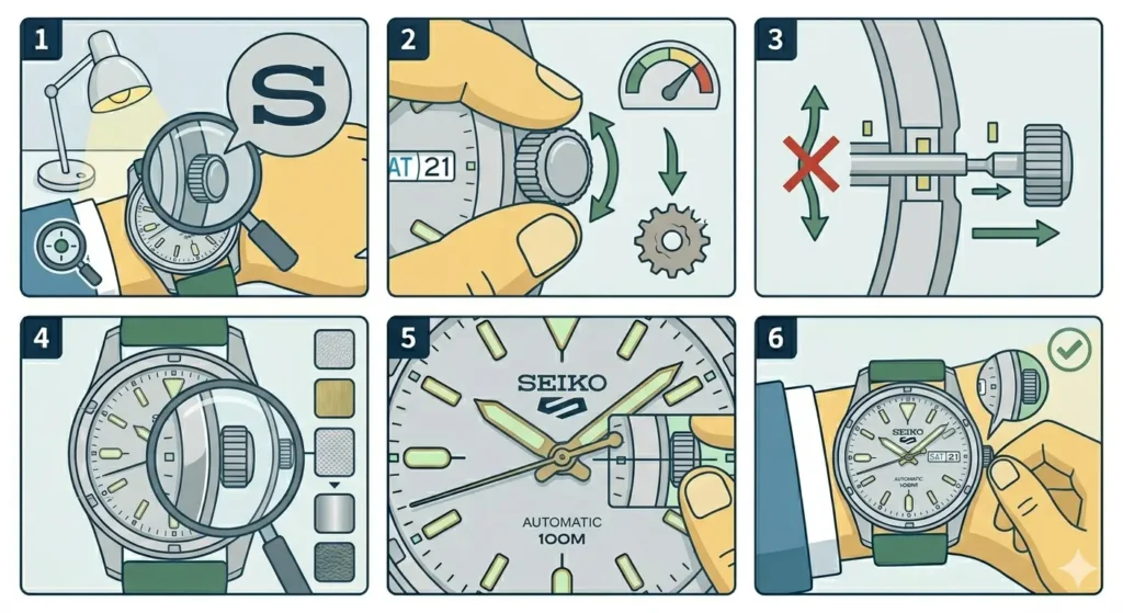 How to Tell if a Seiko 5 is Authentic-Method 4_ Check the Crown and Logo Details